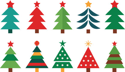 Collection of stylized christmas trees with stars and ornaments