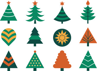 Collection of stylized christmas trees and ornaments