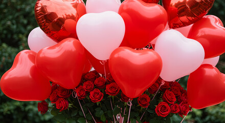 Vibrant Heart Balloons and Red Roses Bouquet: A Romantic Celebration