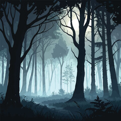 Naklejka premium Spooky forest with mist and dark trees, vector silhouette