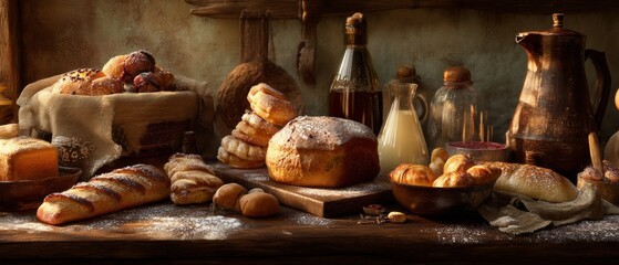 Rustic Wooden Table Filled with Fresh Bread and Pastries