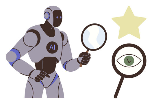 AI robot analyzing with magnifying glass, alongside abstract visuals of a star and an eye with a checkmark. Ideal for technology, AI, analysis, innovation, research, vision, validation simple flat