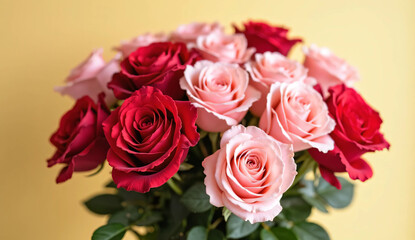 Naklejka premium A bouquet of rose on a pale yellow background. Mother's day image. Expressing gratitude.