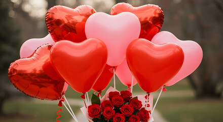 Vibrant Heart-Shaped Balloons and Romantic Red Roses Bouquet for Valentine's Day