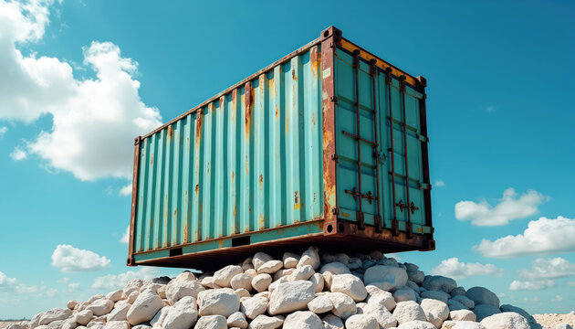 Weathered teal shipping container rests on a pile of white rocks against a bright blue sky. Its rustic texture and industrial design evoke a sense of adventure and open-air exploration.