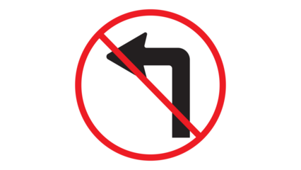 Black arrow indicating traffic sign Don't turn left, website, web, UI, logo, design. with transparent background