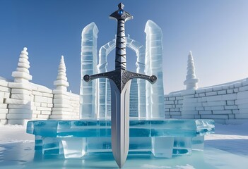 A powerful fantasy sword with a jeweled hilt stands frozen in ice before a magnificent winter ice castle sculpture.