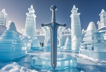 Legendary fantasy blade encased in ice, a magical centerpiece in a frozen kingdom of elaborate sculptures.