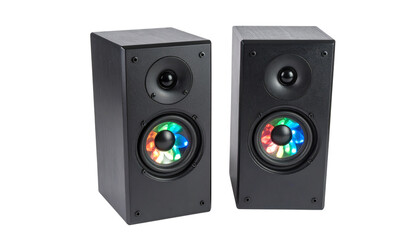 Two square black speakers with colorful rgb led lighting in a clover pattern are displayed isolated on solid white background Png format