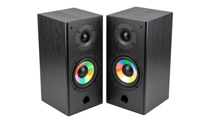 Two square black speakers with colorful rgb led lighting in a clover pattern are displayed isolated on solid white background Png