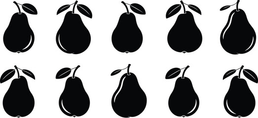 black silhouette pears, stylized fruit vector, minimal shape variations, leaves arrangement, botanical illustration set, isolated icons, agricultural food concept, decorative design