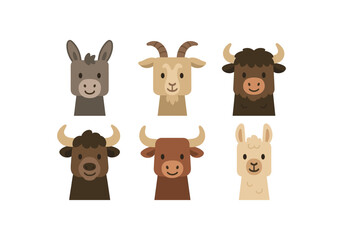 six flat vector of animals with perfectly heads and rounded corners minimal details flat colors child friendly style simple eyes and smiles like illustrations for kids books or flashcards: