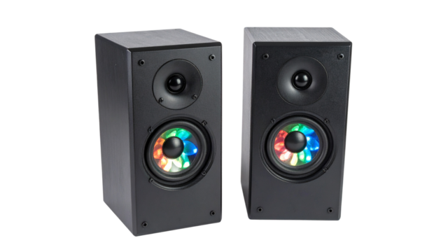 Two square black speakers with colorful rgb led lighting in a clover pattern are displayed isolated on solid white background Png format