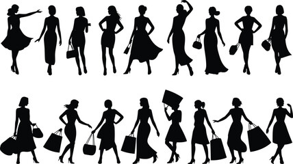 silhouettes of sixteen fashionable women, various shopping and standing poses, vector illustration, black female figures, fashion style outline art, isolated on white background