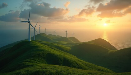 Obraz premium Illustration of wind turbines on green hills overlooking ocean at sunset. Renewable energy wind farm on grassy mountain range generates electricity. Alternative power source, eco tech, clean energy,