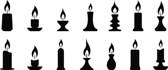 Candle silhouettes with flames, assorted shapes and holders, decorative vector icons, minimalist black design, home decor lighting, wax candle clipart, isolated CAD drawing illustration