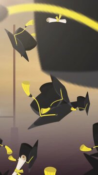 Graduation caps and diplomas animation over sunset background