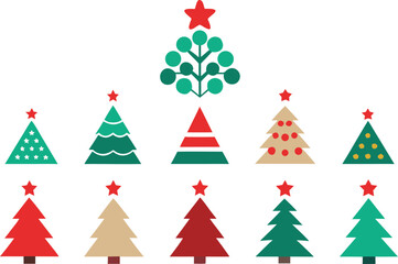 Collection of stylized christmas trees with red stars