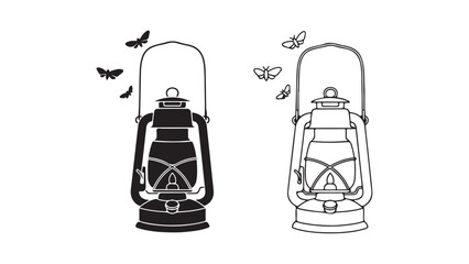 Antique lantern with butterflies, outline and filled versions