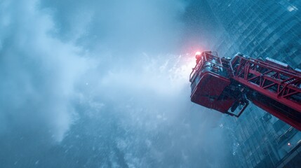 A fire truck's ladder extends towards the sky, spraying water amidst a stormy backdrop, highlighting emergency response efforts in adverse weather conditions.