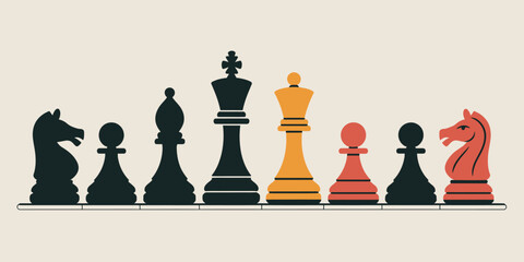 A line of chess pieces including knights, pawns, bishops, a king, and a queen in black and orange colors