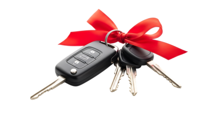 Car keys with red ribbon bow isolated on transparent background