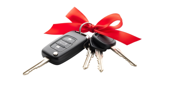 Car keys with red ribbon bow isolated on transparent background