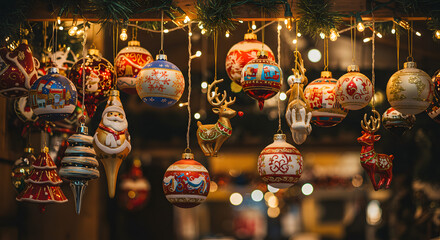 Close-up of Festive Hand-Painted Christmas Ornaments Hanging with Warm String Lights and Bokeh Background at a Christmas Market