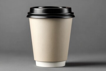 A coffee cup with a black lid sits on a gray background in a simple studio shot for product display