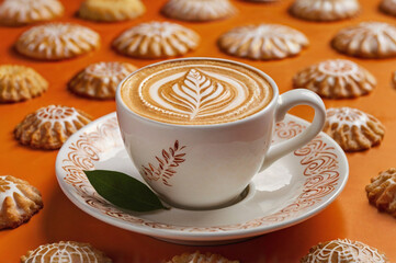 Coffee cup with latte art surrounded by cookies saucer
