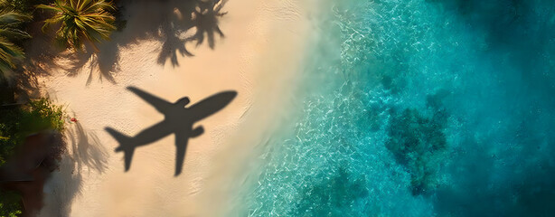 Naklejka premium Aerial view of a tropical beach with the shadow of an airplane casting onto the sand and ocean, capturing the essence of travel and relaxation.