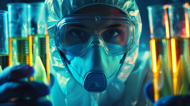 A scientist in a biohazard mask, surrounded by glowing test tubes