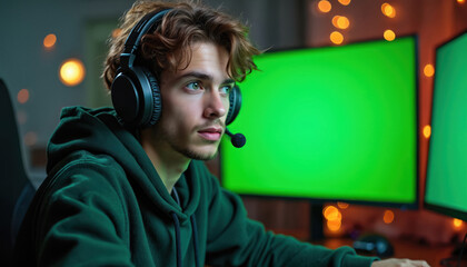 Young man in headphones focused on green screen. Gamer engaged in digital media. Photo features modern lifestyle, concentration, youth, profession, entertainment, and studio for online performance.