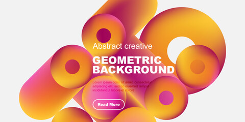 Vibrant abstract shapes overlap, creating dynamic geometric background. Warm colors dominate design, featuring text, button.