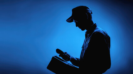 Silhouette of worker holding device, illuminated by blue light, conveys sense of focus and determination