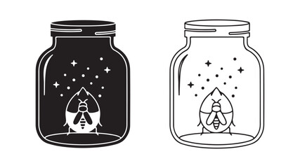 Bee in jar with stars, black and white outline