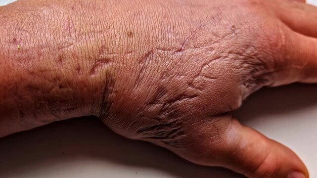 A detailed closeup of a human hand showing many visible cut scars and healed injuries, illustrating skin texture and recovery under natural lighting.