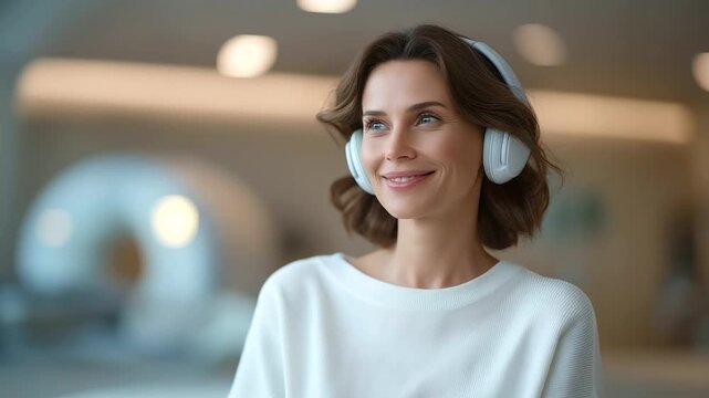 Patient wearing hearing protection during MRI scan in comfortable tube