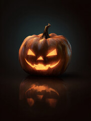 Glowing carved pumpkin with scary face and reflection on dark surface, Halloween symbol with eerie orange light