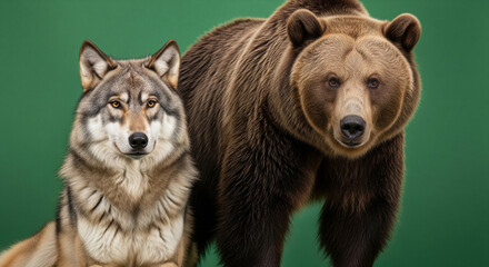 Ultra Realistic Photo of Two Different Animal Species Including Exotic, Reptiles, or Aquatic Mammals on Chromakey Green Studio Background, 16:9
