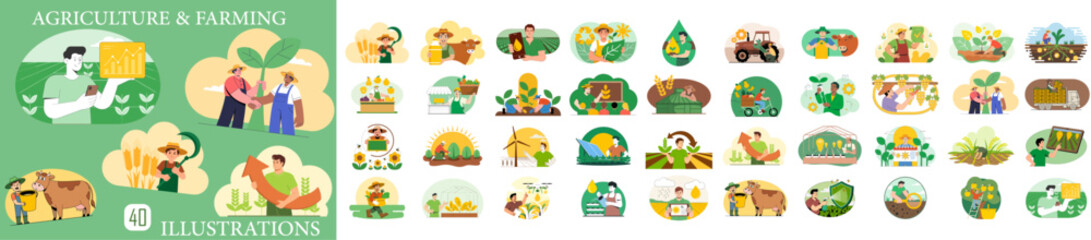 set of agriculture and farming vector illustrations, organic food production, sustainable cultivation, rural lifestyles and local agribusiness concepts 
