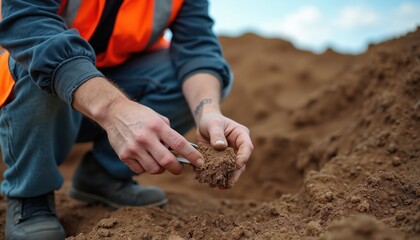 Geotechnical engineer analyzes soil composition at excavation site. Pro in orange safety vest carefully examines dirt for land stability, scientific assessment of environmental project. Expertise in