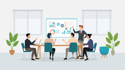 Business Team Meeting with Data Presentation and Collaborative Discussion