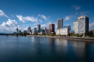 Skyline wide view of a city river hugging skyscrapers like jewels on a crown.