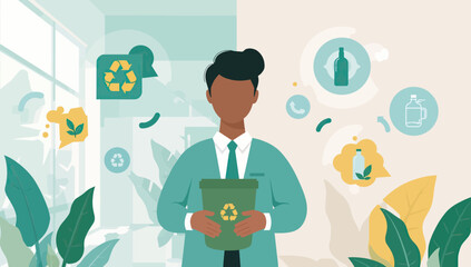 Businessman Holding Recycling Bin with Eco-Friendly Symbols