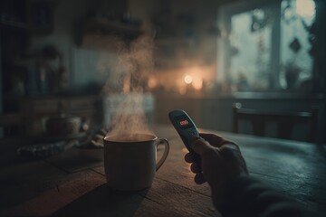 Medium shot of person holding digital thermometer beside steaming mug on kitchen table.