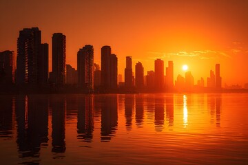 Fototapeta premium Sun setting behind a city skyline paints glass buildings like fiery mirrors in a wide shot.