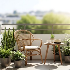 Obraz premium Relaxing Balcony Oasis Cozy Wicker Chair Surrounded by Lush Greenery and a Fresh Cup of Coffee
