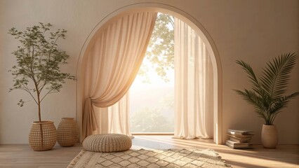 Interior with plants and arched window with curtains in a light and airy neutral color scheme