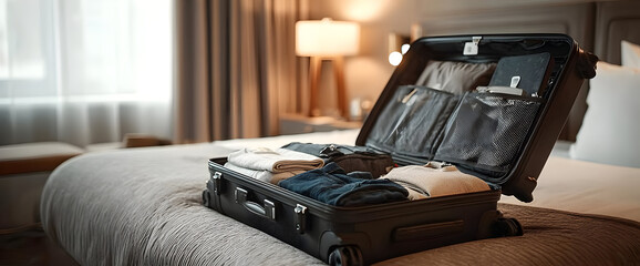 An open suitcase on a neatly made hotel bed, showcasing organized clothing and travel essentials ready for a trip or vacation.